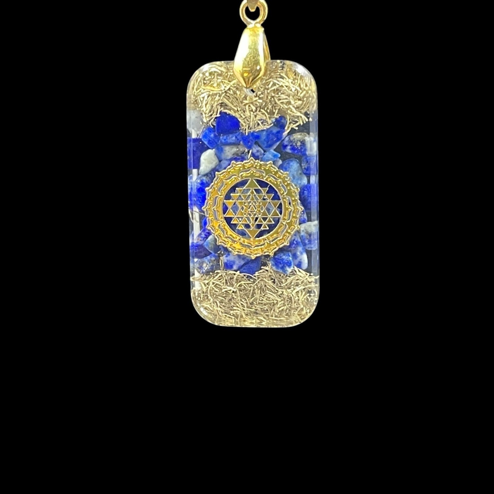 Gold Tone Sri Yantra Pendant Necklace Blue Gemstone Spiritual Energy Healing