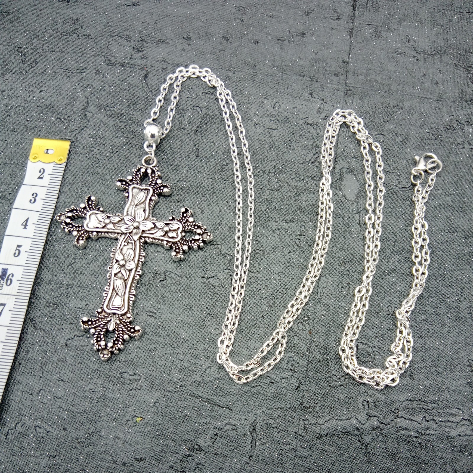 Huge Very Long ornate CROSS Necklace 90cm/36″ chain Large Big Religious Rock