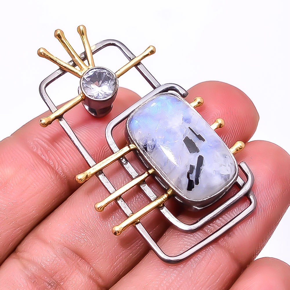 Rainbow Moonstone Black And Gold Plated 925 Silver Jewelry Pendant 1.56″ P840025