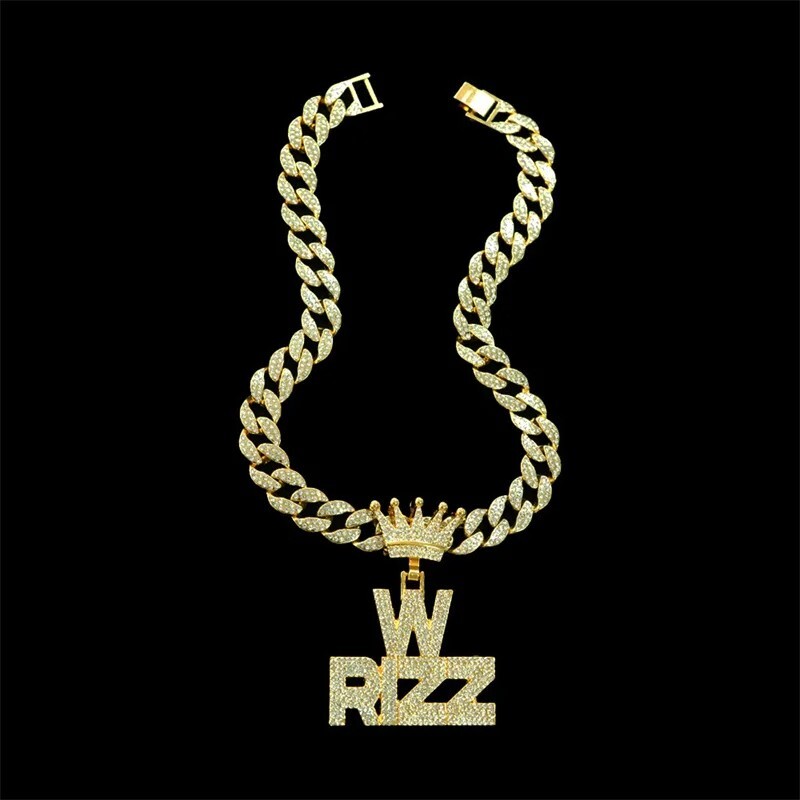Iced W Rizz Crown Pendant Necklace CZ Bling Hip Hop Miami Cuban Link Chain Mens