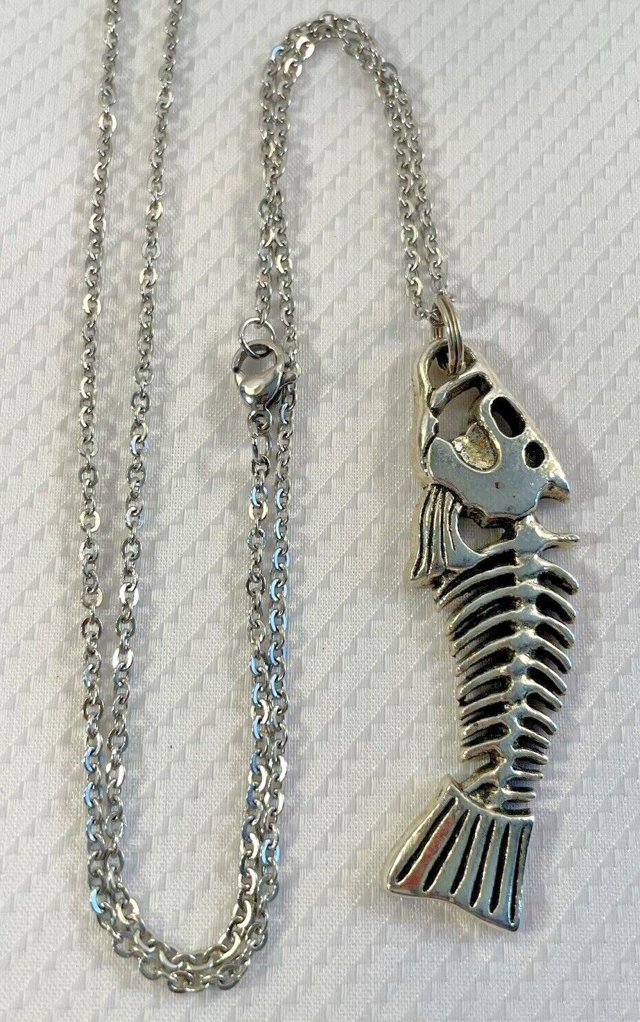 Fish Bone Silver Pendant Necklace 20” Stainless Chain Coastal Sea Jewelry NEW