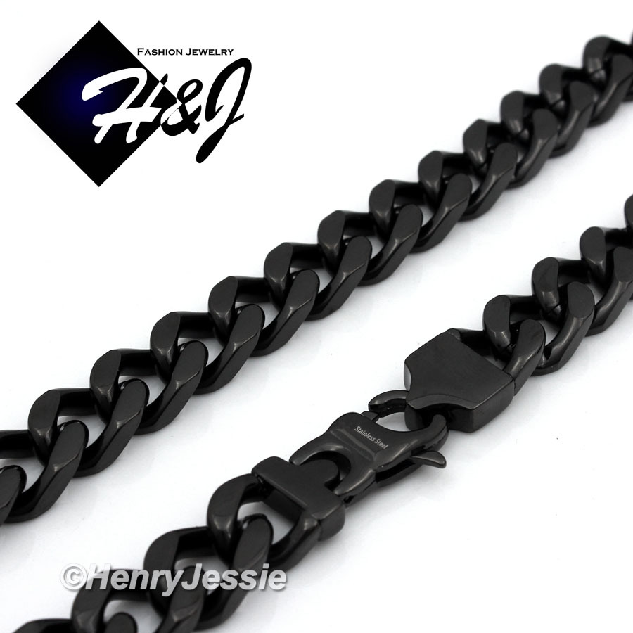 18-40″MEN Stainless Steel HEAVY WIDE 11mm Black Plated Cuban Curb Chain Necklace