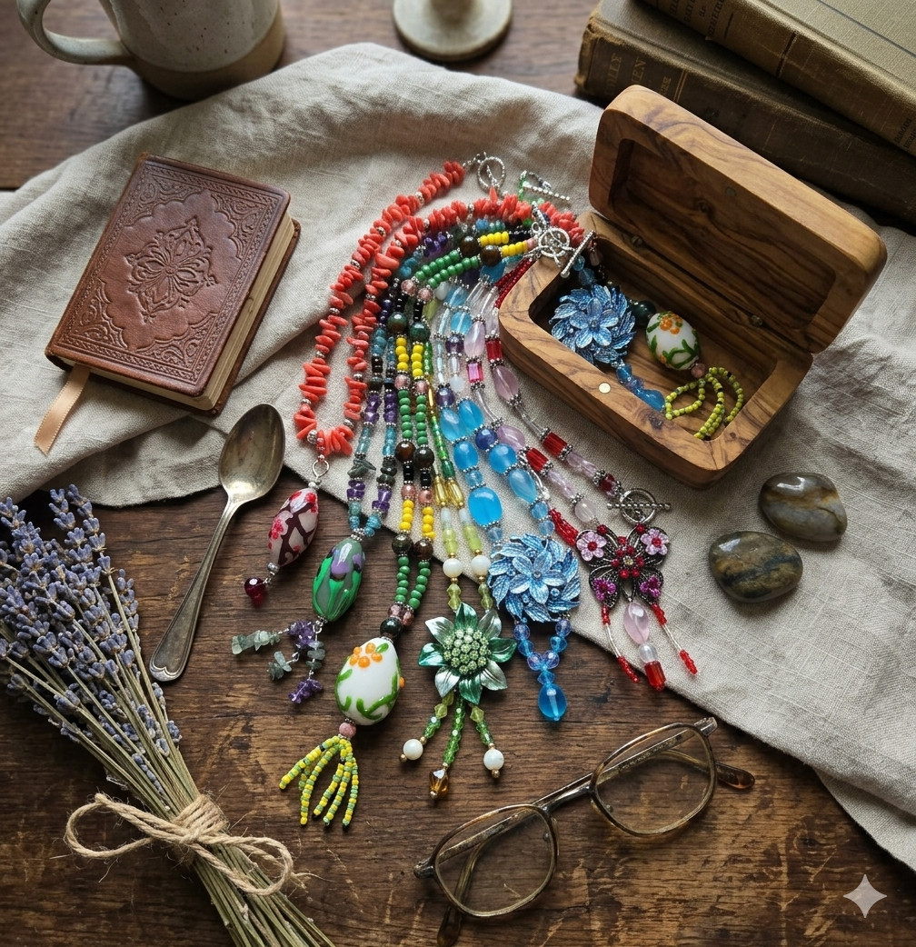 Handmade Beaded Pendant Necklaces Boho Floral Artisan Jewelry Set Gift 6 pc