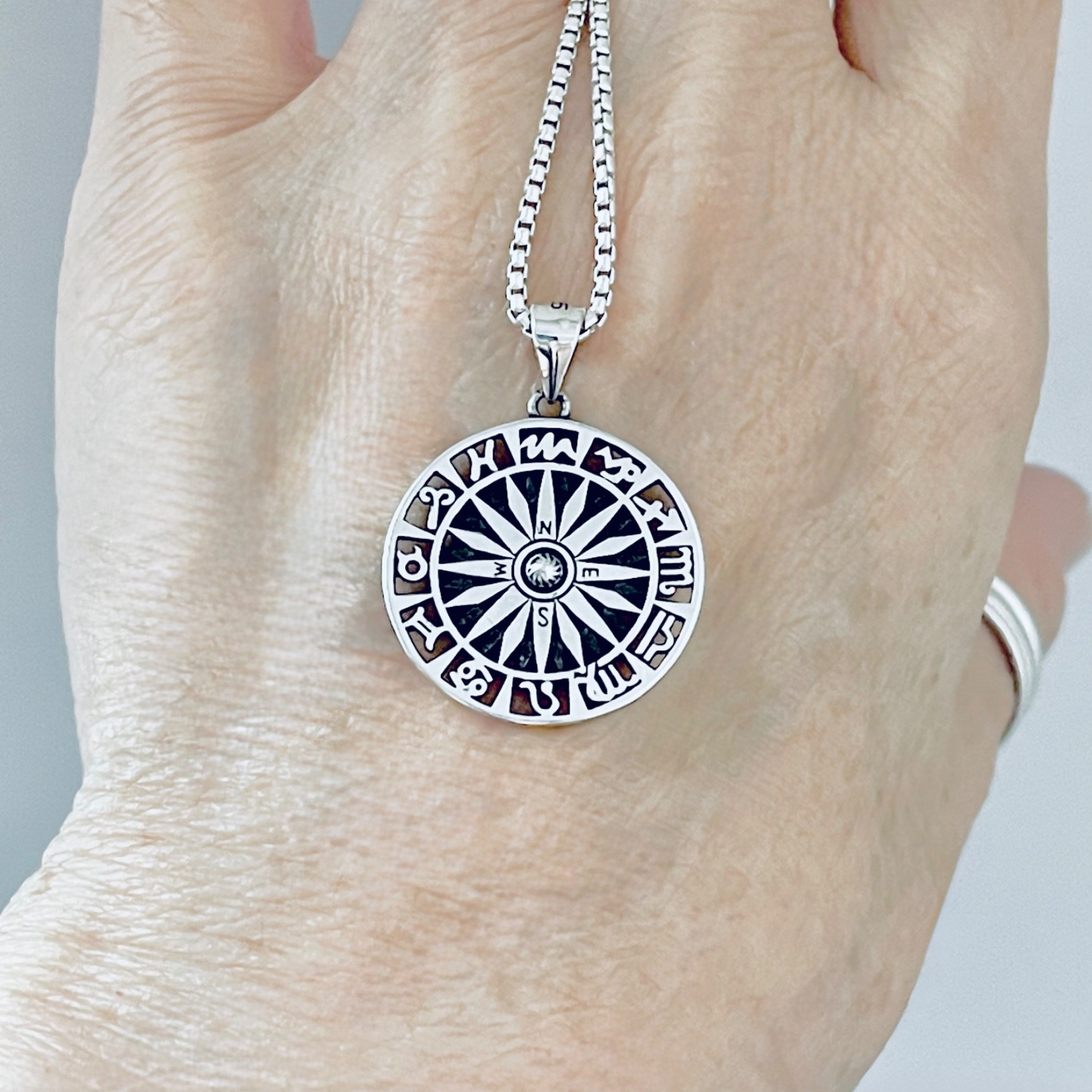 Sterling Silver Unisex Zodiac Wheel and Compass Necklace, Zodiac Signs Chain