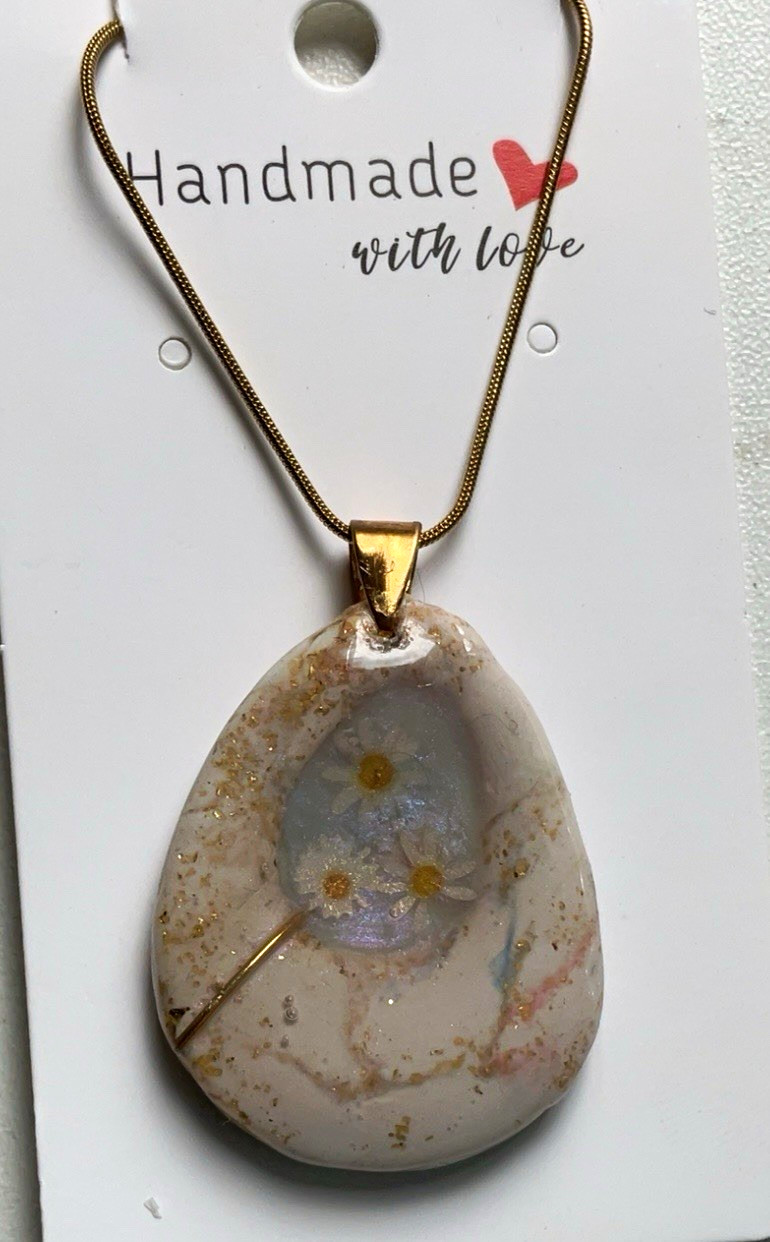Handmade Resin Teardrop Flower Charm Necklace, Gold Plated Snake Chain
