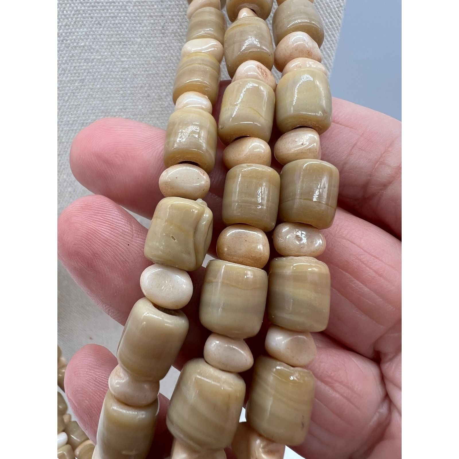 Multi Strand Chalcedony Agate Bead Necklace Boho Statement Artisan Tan