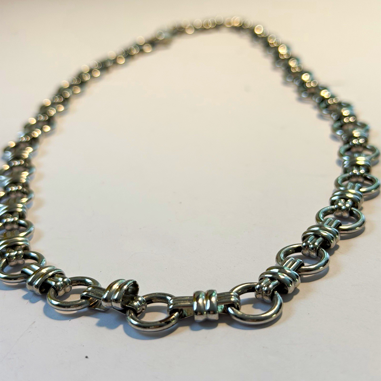 Vintage MONET Silver Tone Geometric Link Necklace Heavy ModernistRound Bar Chain