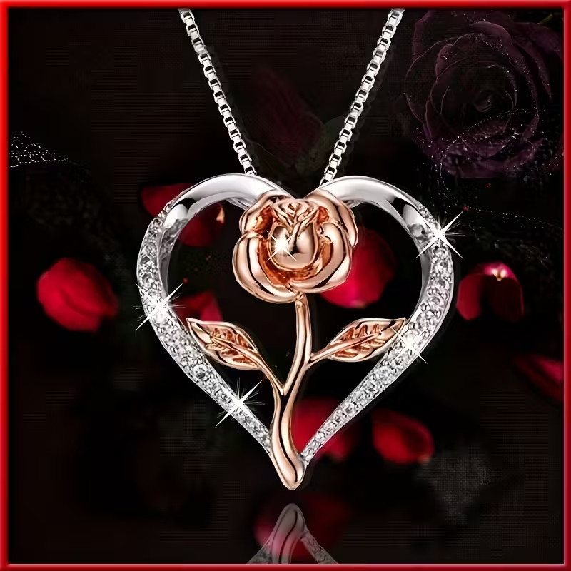 Heart-shaped rose necklace, Perfect Valentine necklace Gift box