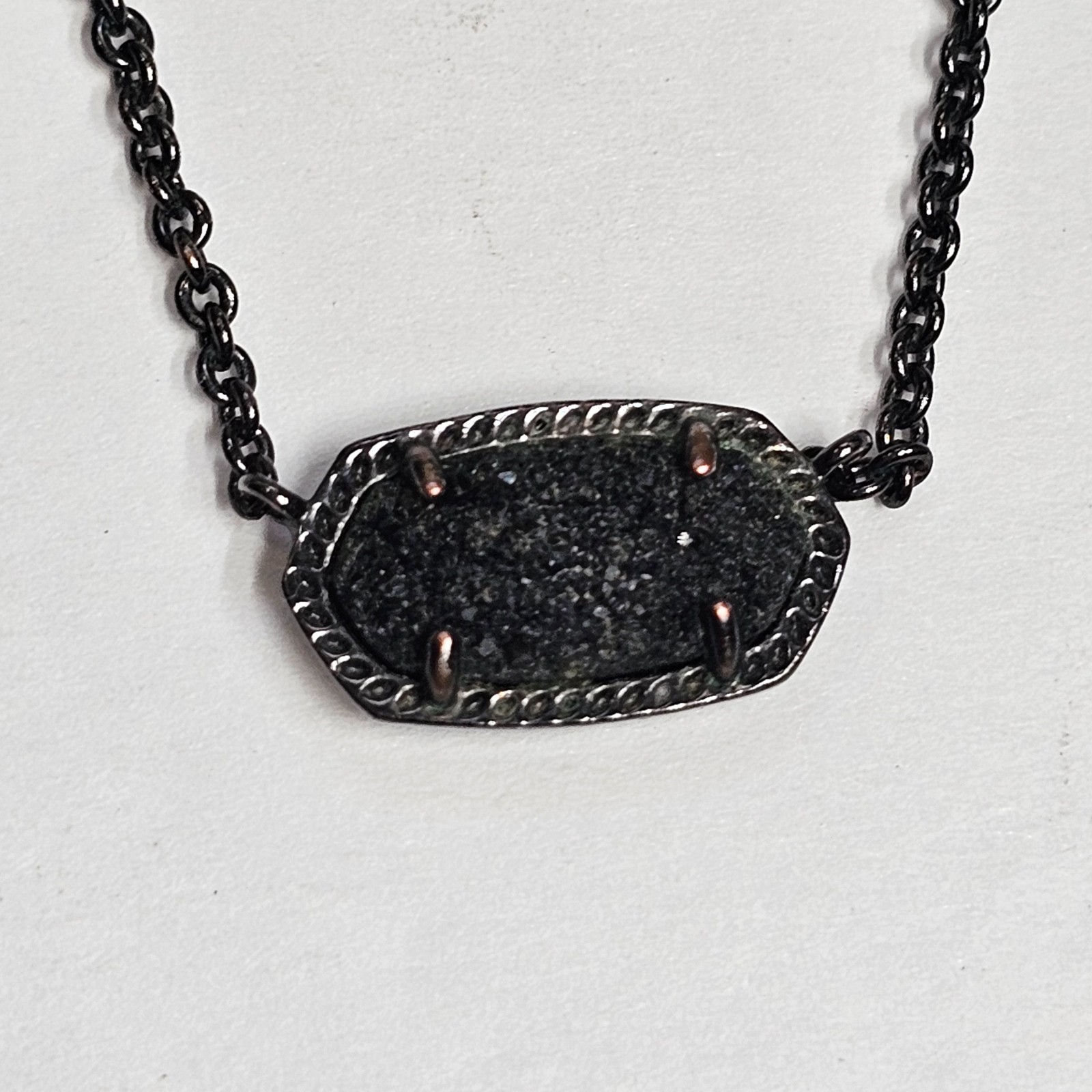 Kendra Scott ELISA Black Drusy Druzy Pendant Necklace Gunmetal Chain 15in+2in