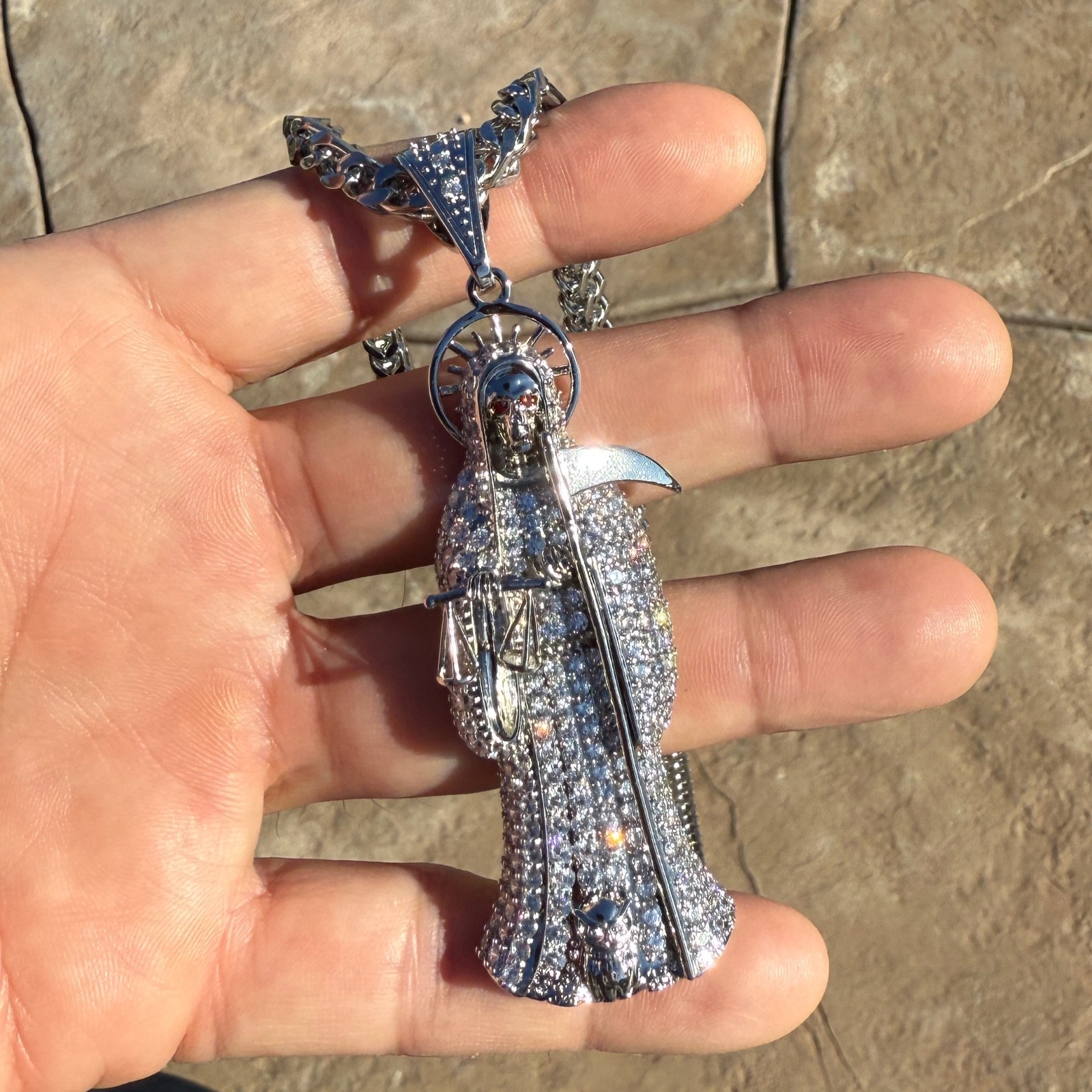La Santa Muerte Pendant Cadena 3.5″ w/Stainless Steel Franco Chain Necklace 30″