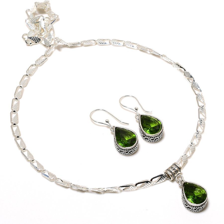 Peridot 925 Silver Plated Handmade Necklace & Earrings Set of 18″