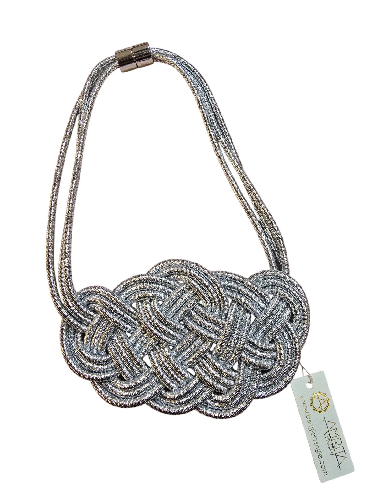 Amrita Singh Silver Bib Necklace Statement Braided Rope Magnetic Clasp NWT