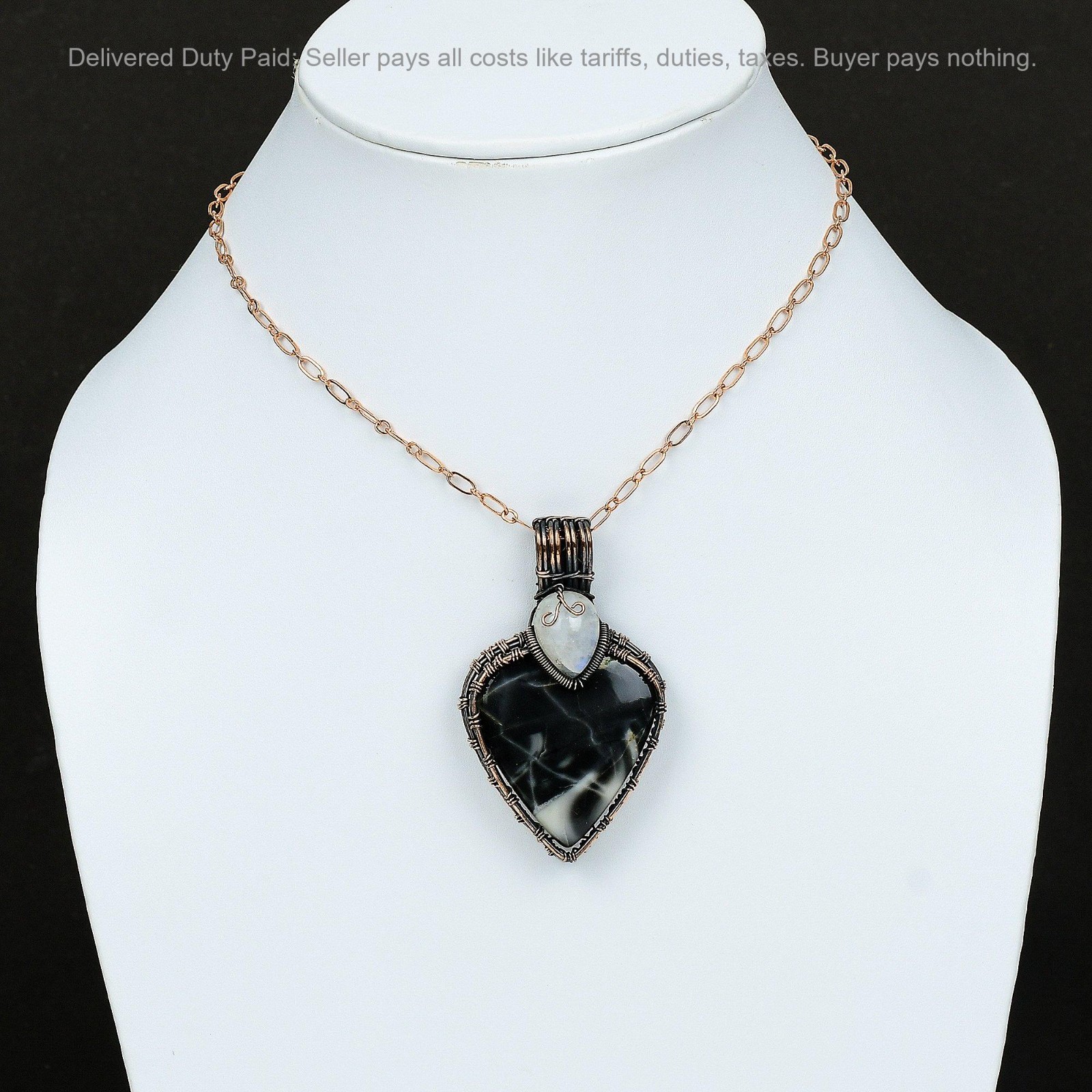 Trillion Picasso Jasper Gemstone Rainbow Moonstone Wire Wrapped Pendant Copper