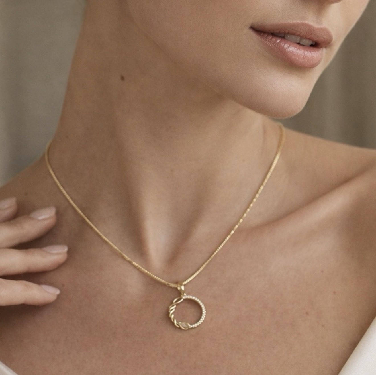 Gold Plated Twisted Circle Pendant Necklace – Pavé Crystal Infinity Round Charm