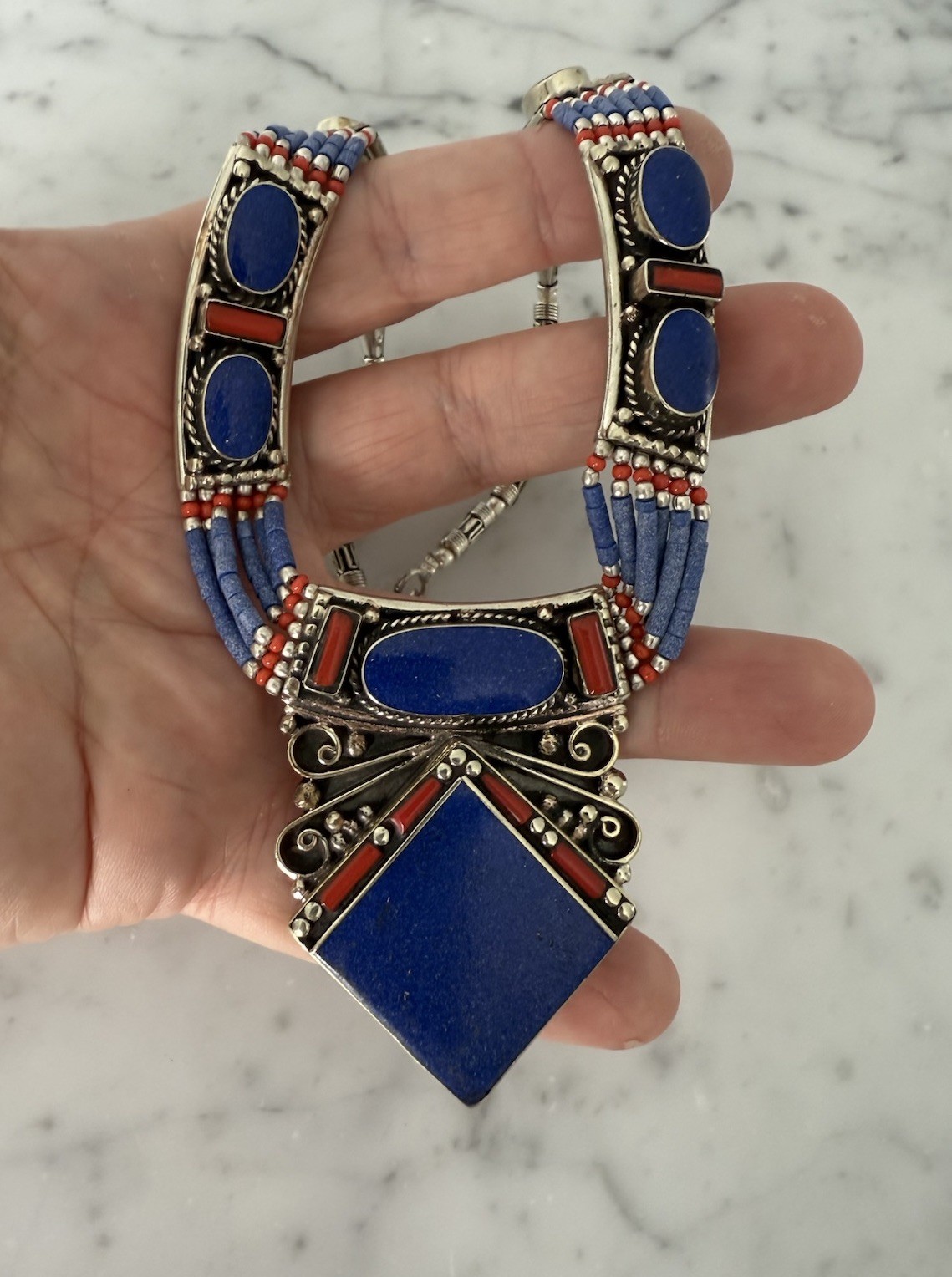 USA Seller Tibetan Style Ornate Tibetan Silver lapis & Coral Necklace