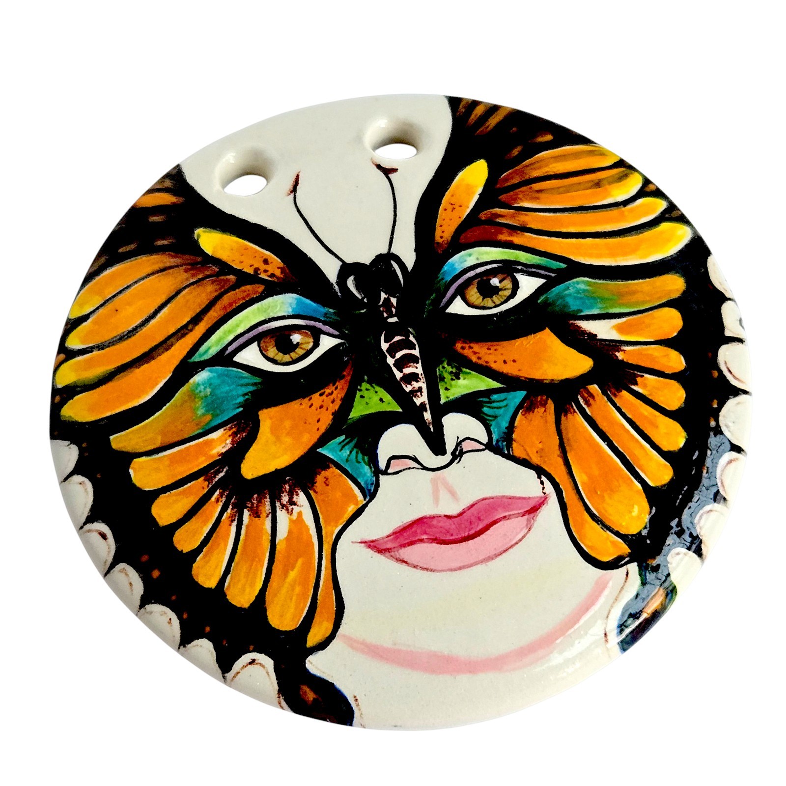 Artisan Monarch Butterfly Mask Woman Face Ceramic Art Pendant Bernice Horowitz