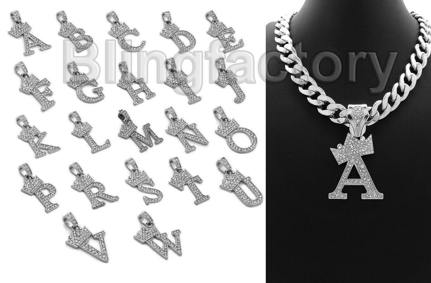 Hip Hop Crowned Alphabet Initial Pendant & 11mm 18″ Cuban Choker Chain Necklace