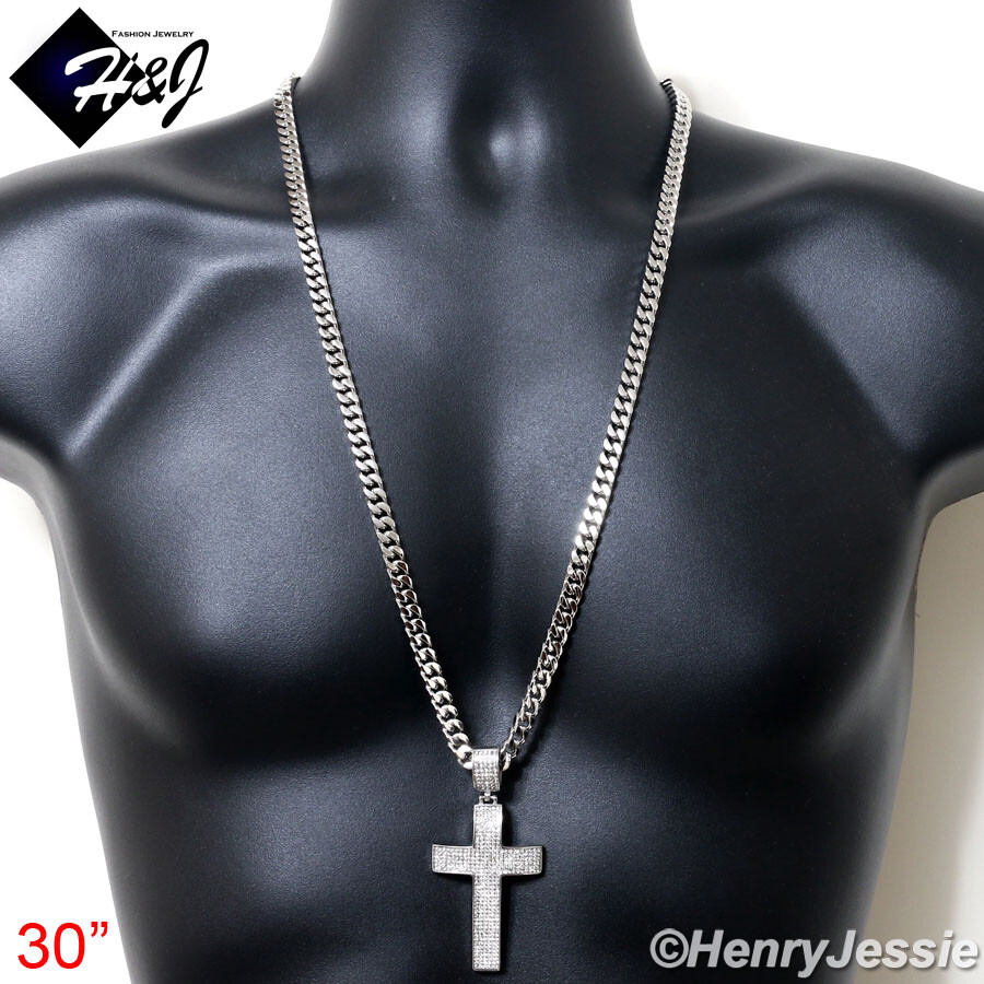 18″-40″MEN Stainless Steel 7mm Silver Miami Cuban Chain ICY CZ Cross Pendant*I21