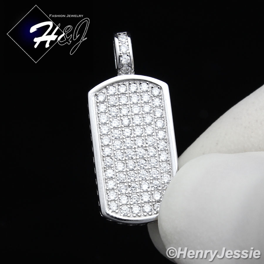 MEN 925 STERLING SILVER ICY BLING CZ DOG TAG PENDANT*SP56 WITH FREE 20″CHAIN