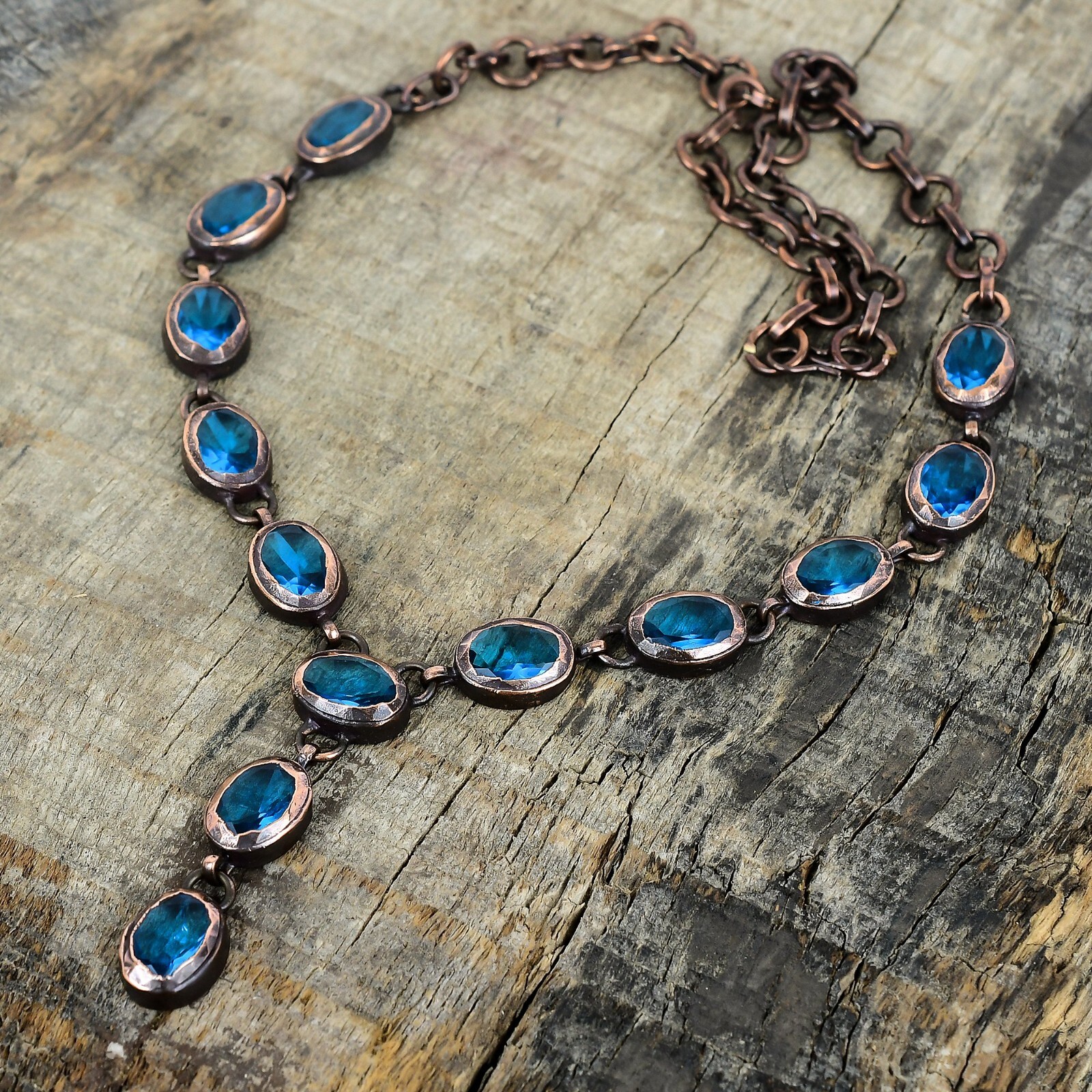 Swiss Blue Topaz Gemstone Copper Chain Bezel Electroformed Mother Boho Necklace