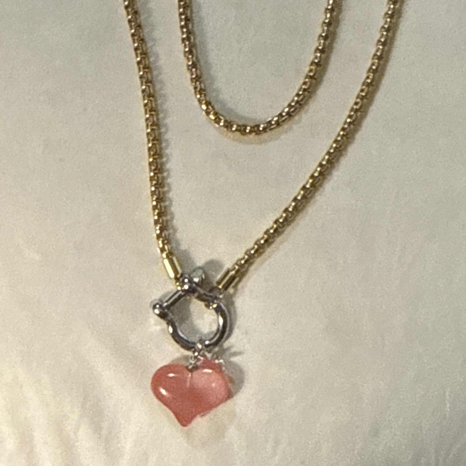Gold Tone Cable Chain Necklace Pink Heart Love Theme Charm Pendant