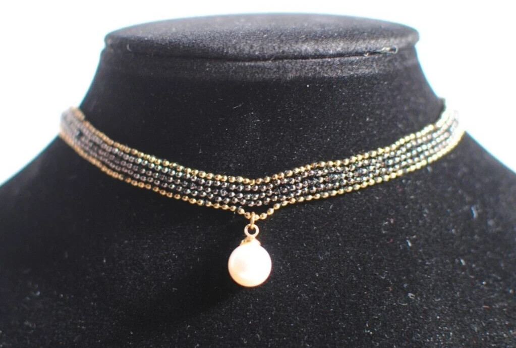 Black & Gold Mesh Dainty Choker Necklace with Faux Pearl 5.5 in Across