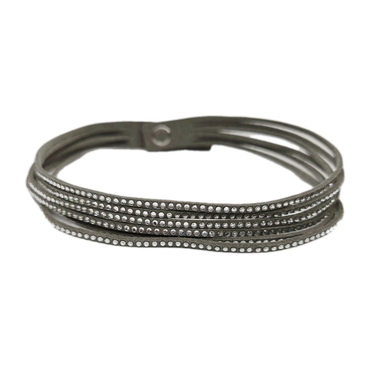 Grey Crystal Leather Choker Necklace Five Row Adjustable 15 in