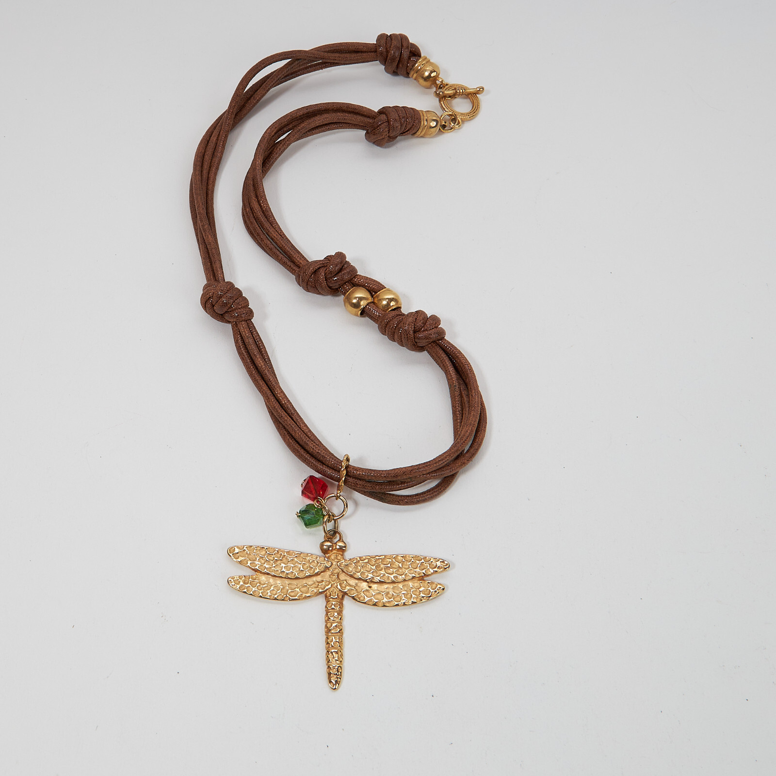 Gold Tone Dragonfly Pendant 4-strand Knotted Cord Necklace Toggle Clasp, 22″ L