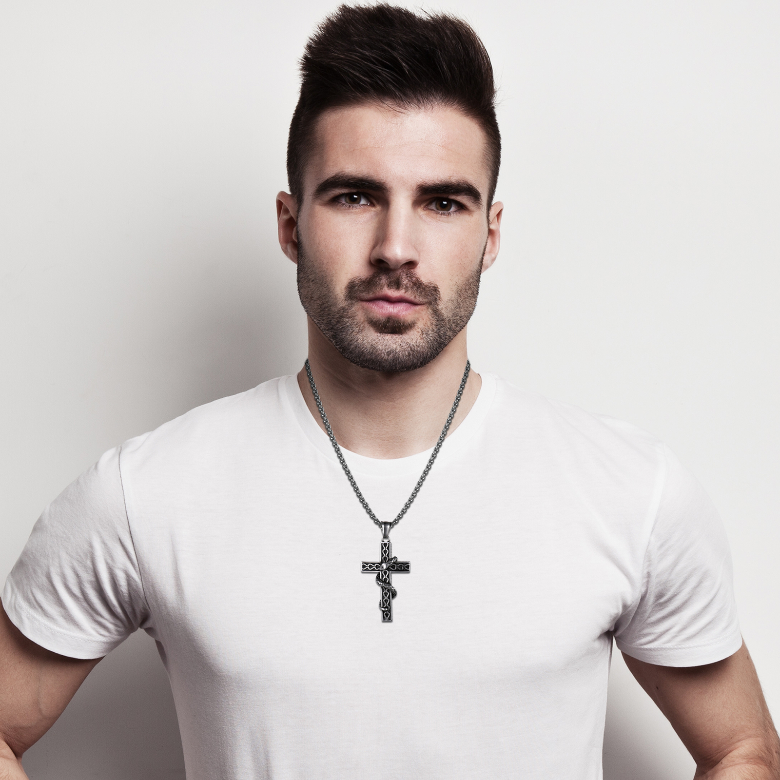 Mens Boys Vintage Biker Stainless Steel Snake Cross Pendant Amulet Necklace 22″
