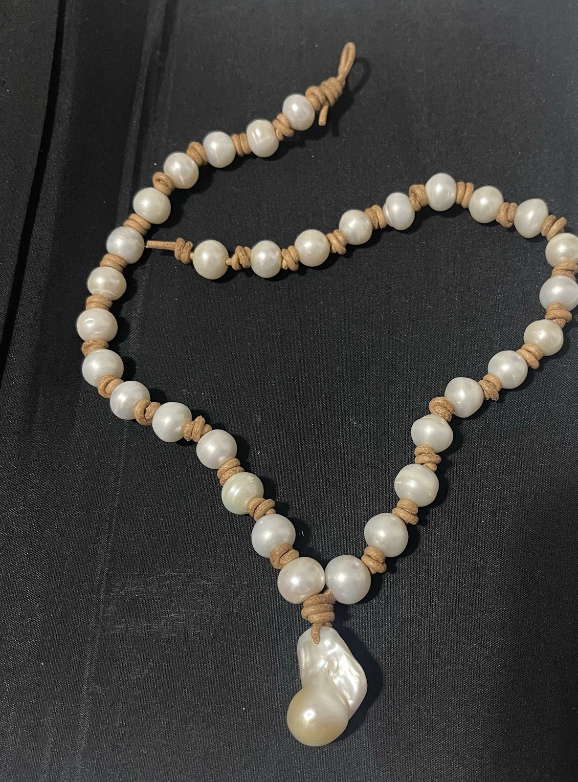 Gorgeous Baroque Real Pearls On Leather Cord Necklace