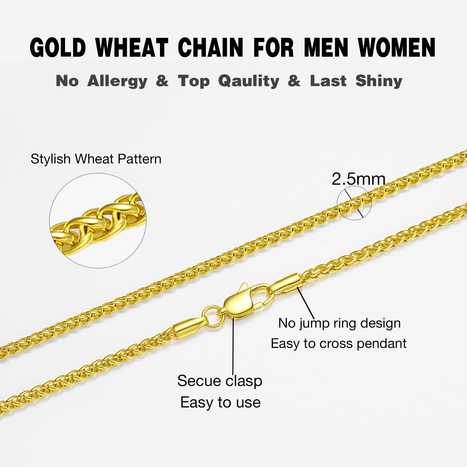 2.5mm/3mm/4mm Silver Stainless Steel Wheat Chain Necklace Jewelry for Men Wom…