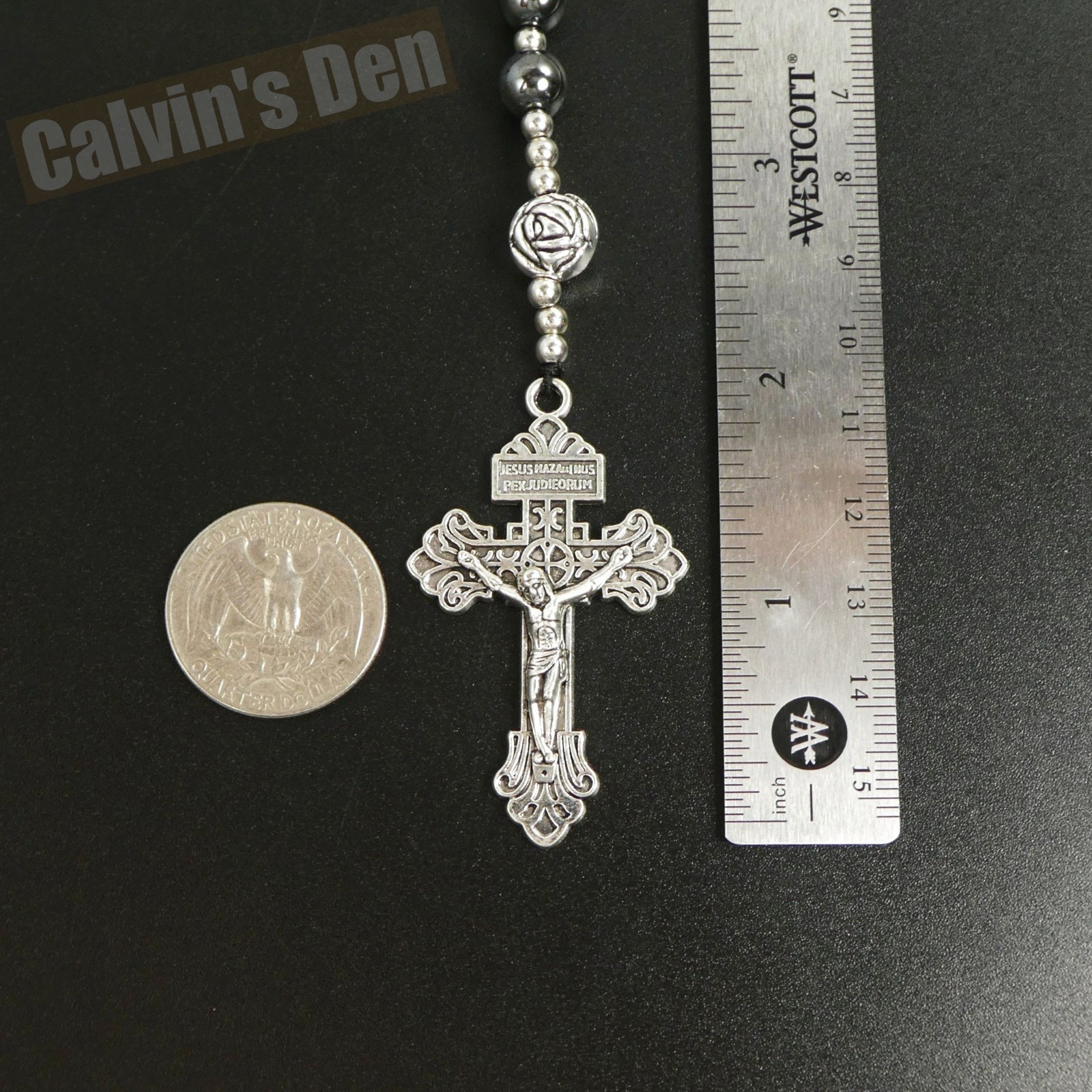 St Benedict Rosary Necklace Black Hematite Bead Five Decade Crucifix Cross Gift