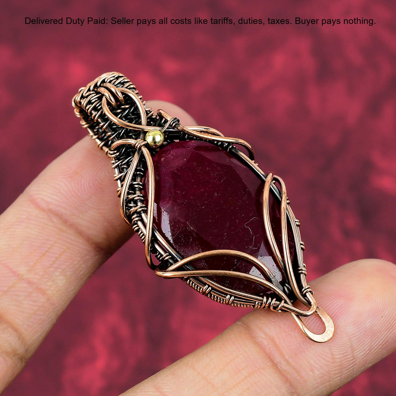 Copper Oval Kashmir Rubi Gemstone Birthday Wire Wrapped Artisan Pendant Jewelry