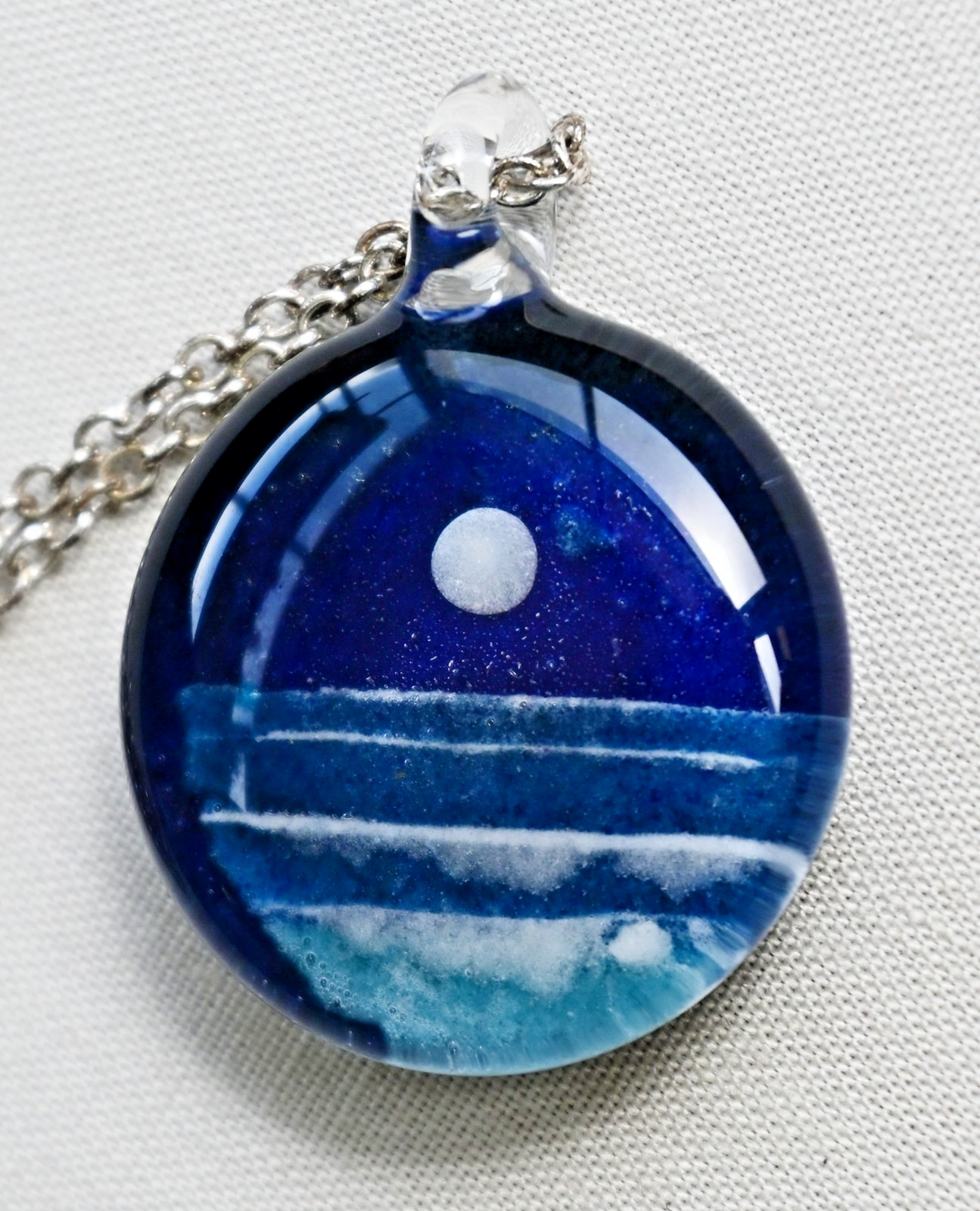 Glass Moonrise Pendant Necklace Art Lampwork Glass Beach Waves Night Scene