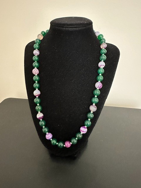 Natural Green and Purple Striped Agate 10 mm Gemstone Round Beads 22 ” Necklace.