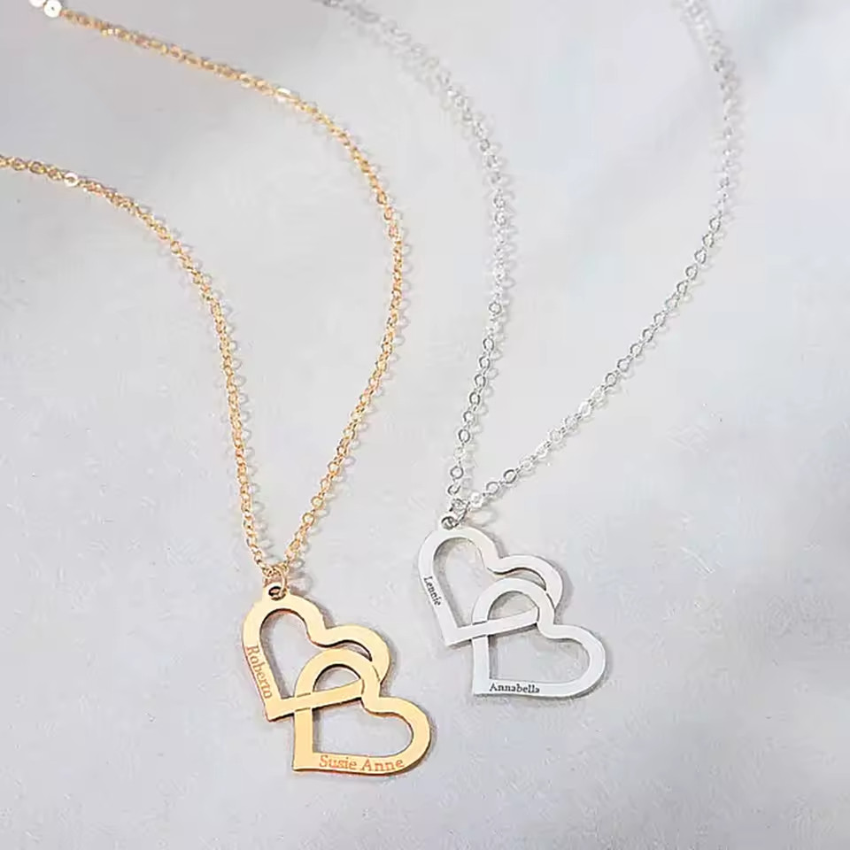 Custom Double Name Couple Necklace Pendant Jewelry Engraved Hearts Anniversary