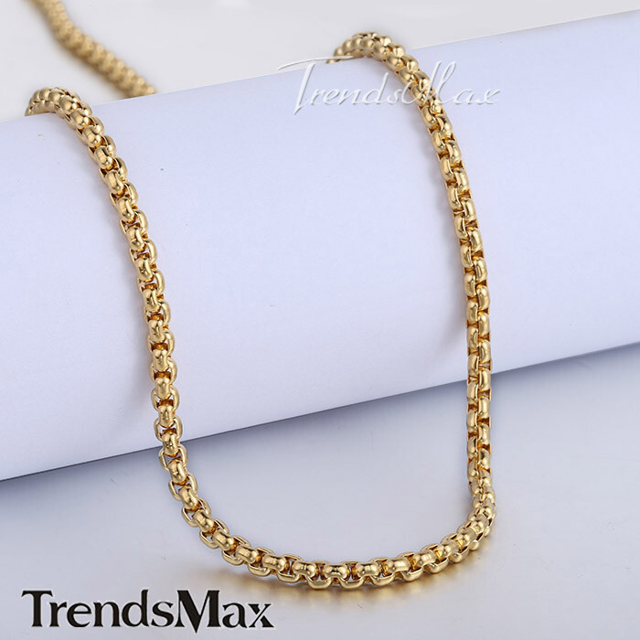 4mm Mens Womens Chain Gold Plated Stainless Steel Round Box Link Necklace 18-28″