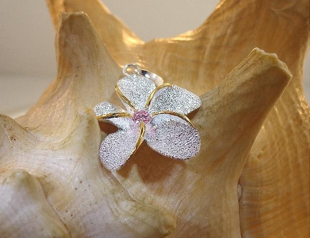 26mm Yellow Gold Plated 925 Silver DC Sand Hawaiian Plumeria Pink CZ Pendant