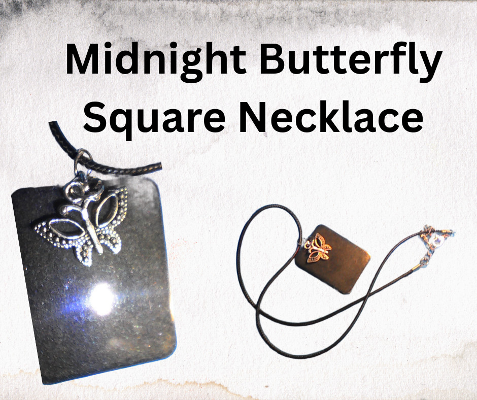 Handmade Square Butterfly Resin Pendant Necklace Silver Charm Black Cord 18″