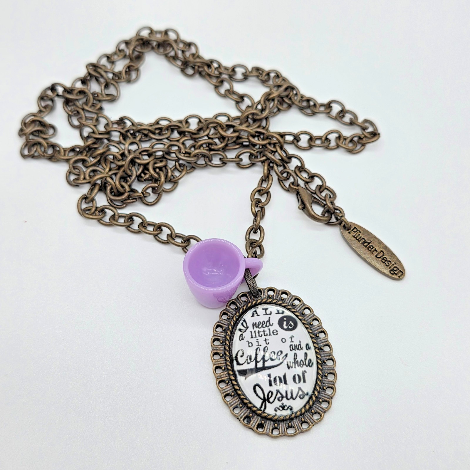 Plunder Bronze Coffee & Jesus Quote Necklace Oval Pendant Purple Mug Charm 32”