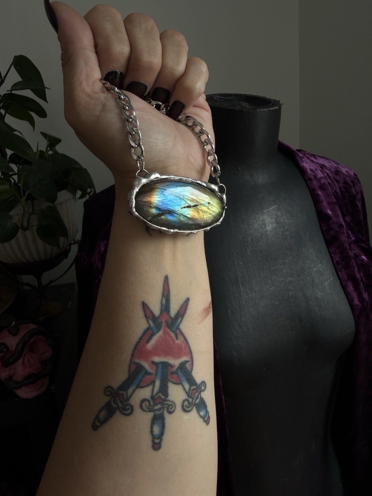 Labradorite Crystal Gemstone Necklace Pendant Statement Jewelry Rocker Biker