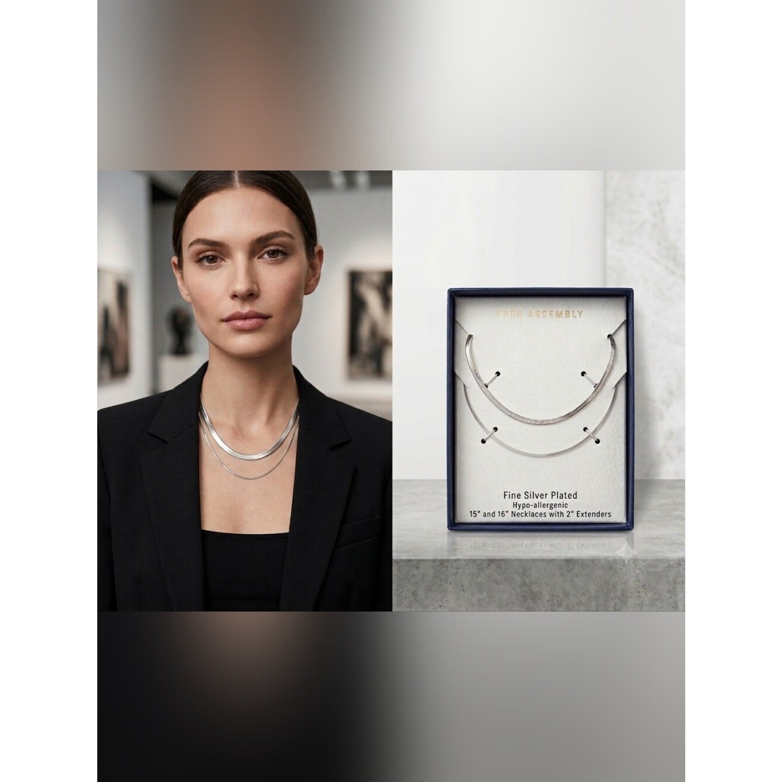 Free Assembly Women’s Demi Fine Silver Plated Herringbone Layered Necklace Set