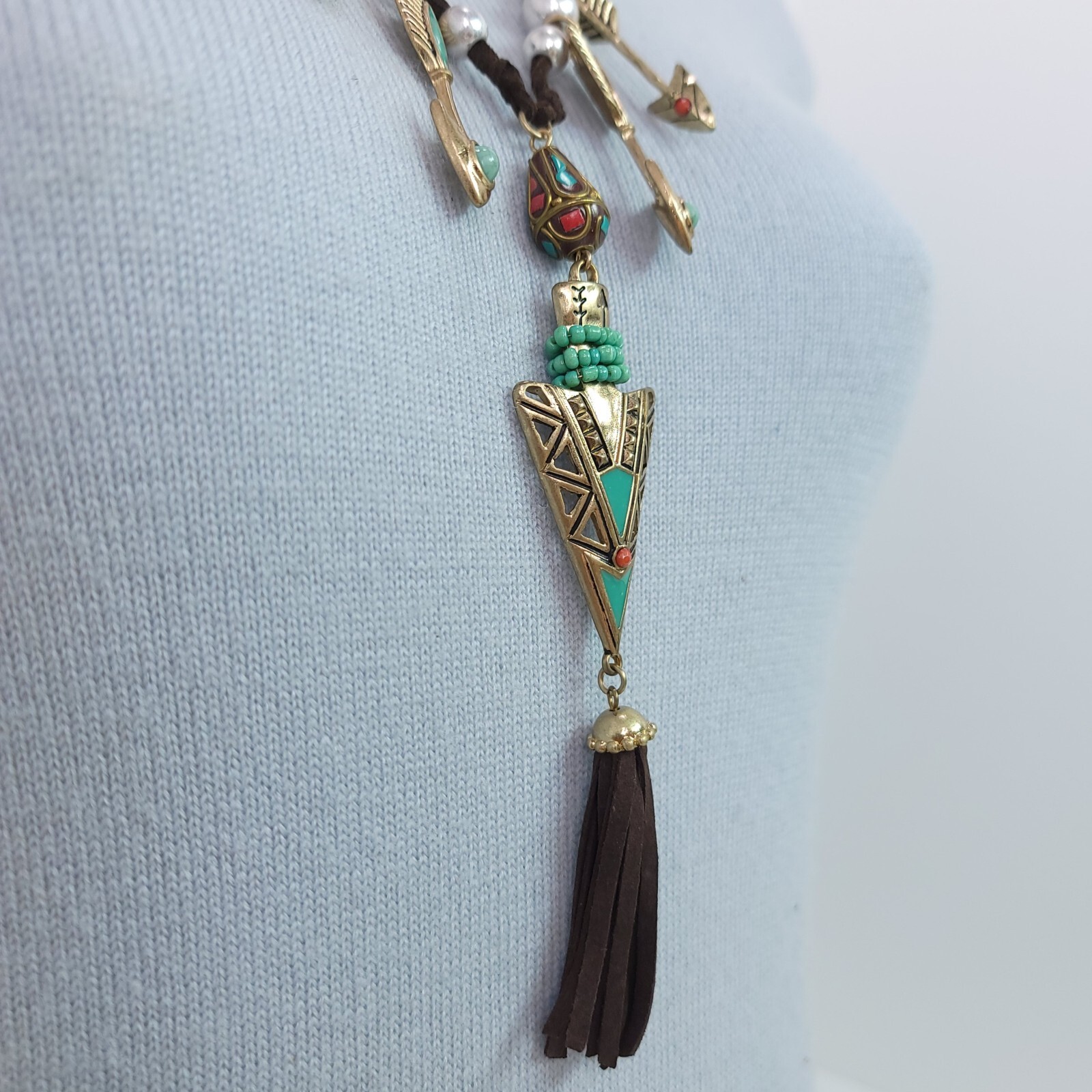N0299 Arrow or Spear Head Design with Black Faux Leather Tassel Pendant Necklace