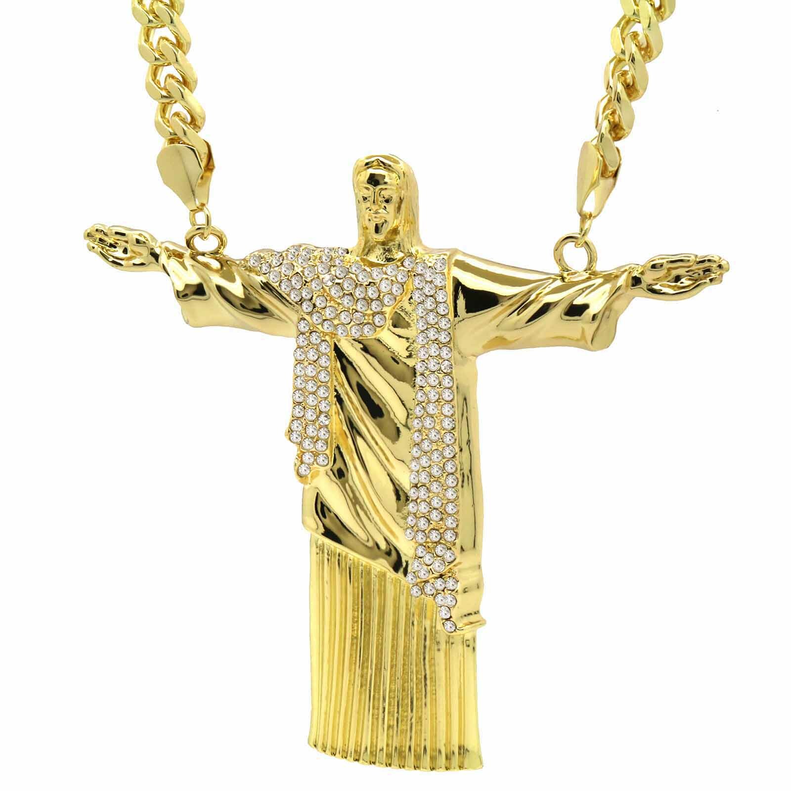 Hip Hop 14k Gold Plated Huge “JESUS” Pendant Cubic Zirconia 30″ Cuban Chain (H)
