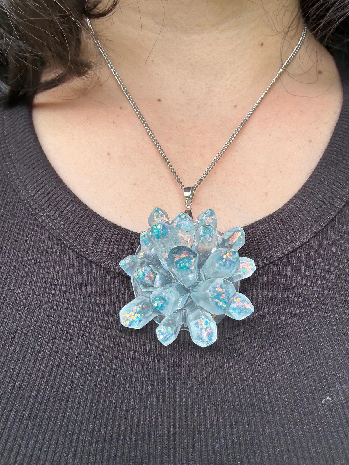 Crystal Cluster Resin Necklace | Iridescent Blue Pendant | 18 In Steel Chain