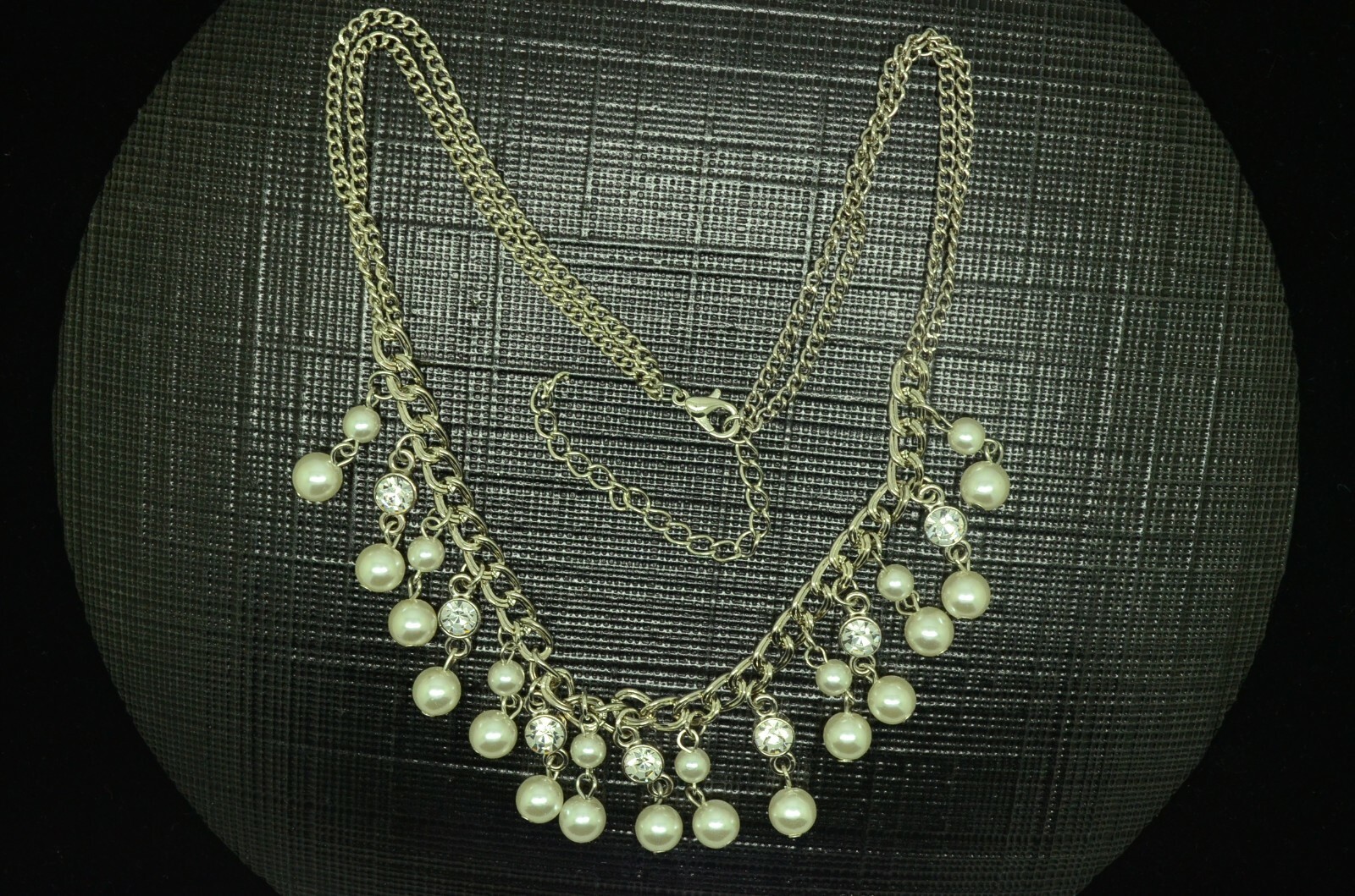 17-20″ SILVER PLATED IMITATION PEARL & CZ BIB STYLE NECKLACE #BH-14