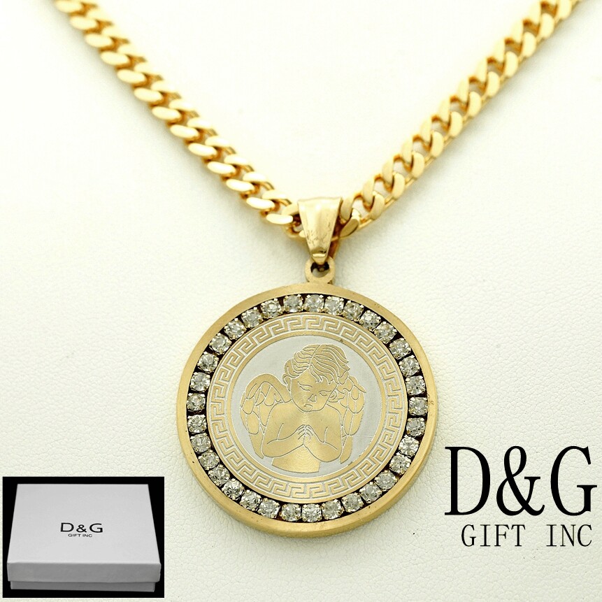 DG Men’s 24″ Stainless Steel Cuban Necklace 35mm CZ ANGEL Charm Gold plated*BOX