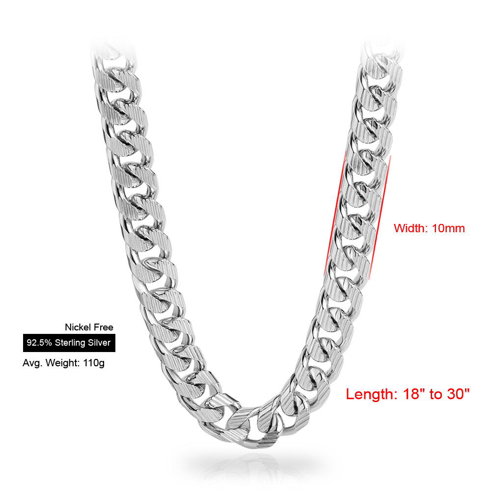 925 Sterling Silver Engraved Curb Chain Cuban Link Chain Necklace 10mm 18″-30″
