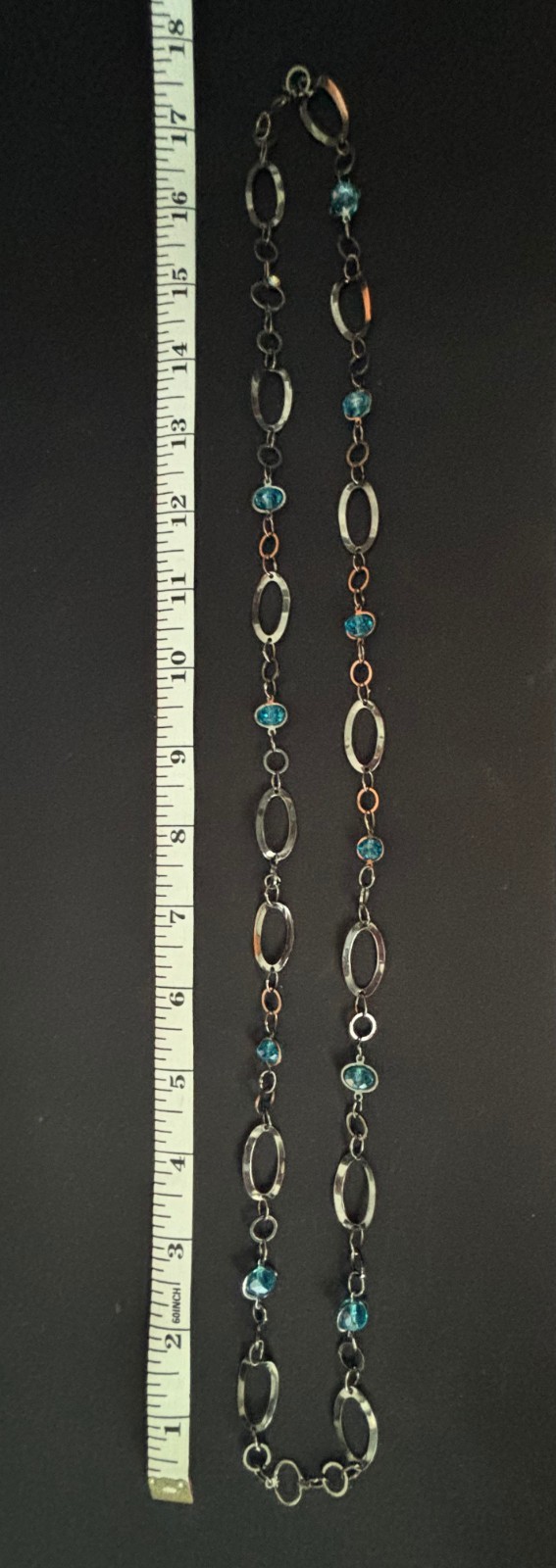 Gunmetal Gray Large Oval Link Station Necklace Blue Faceted Beads 36 inches