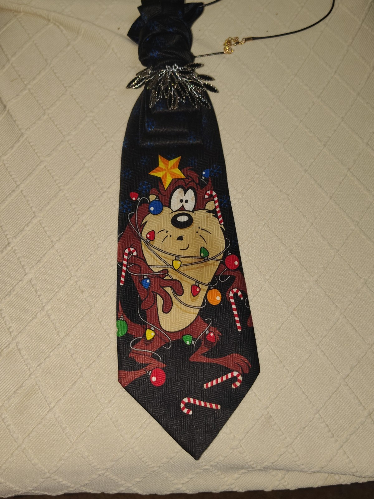 Black Silk Satin Novelty NeckTie Necklace Taz Looney Tunes Christmas Beaded